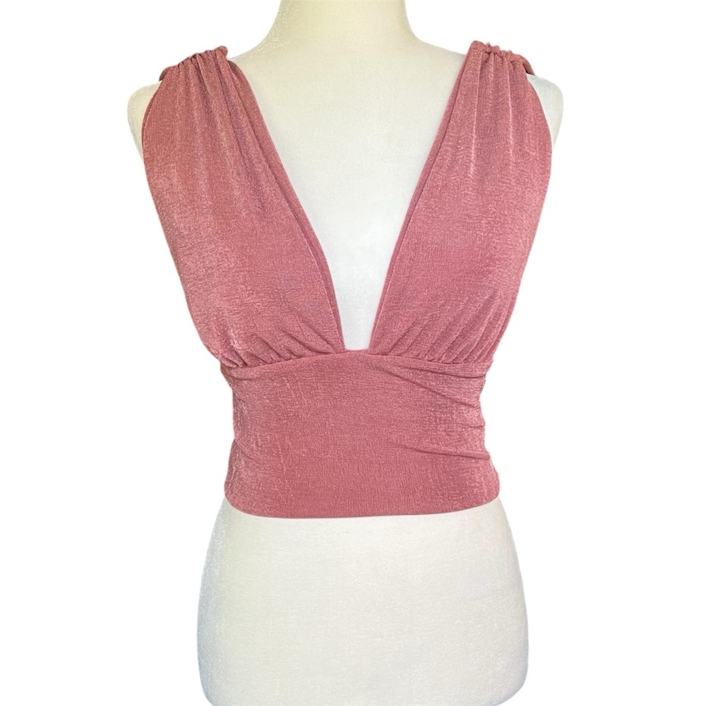 Lyaner mauve pink plunge v neck shimmer going out sleeveless crop tank top S